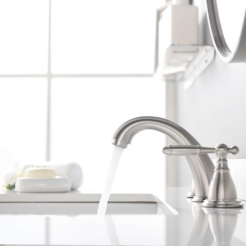 Phiestina 8 Inch 3 Holes Brushed Nickel Low Arc Widespread Bathroom Sink Faucet, 2 Handles Bathroom Faucet with Stainless Steel Pop Up Drain, WF008-4-BN - Image 5